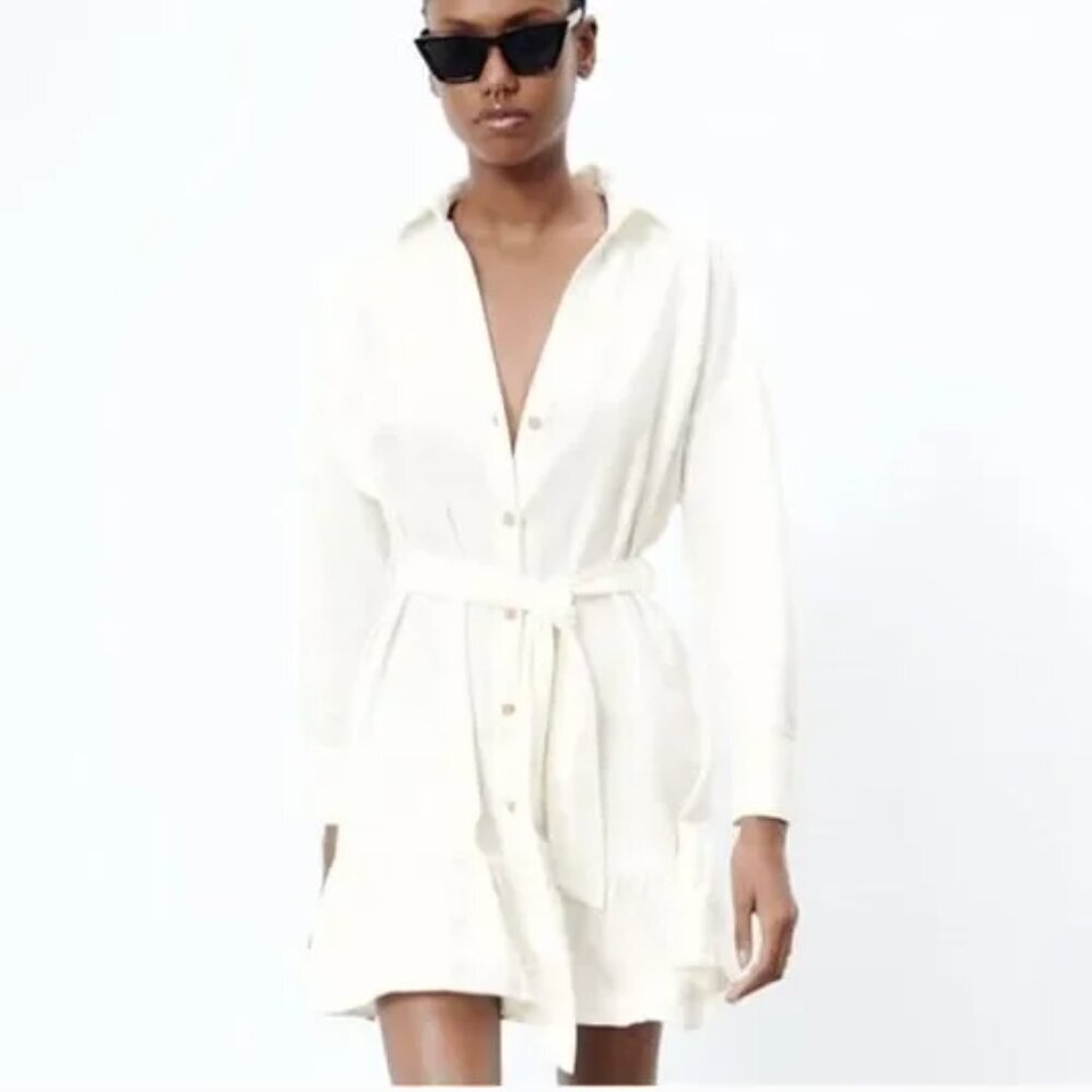Zara Linen Blend Belted Ruffle Hem Long Sleeve Belted Shirt Dress Cream - Medium